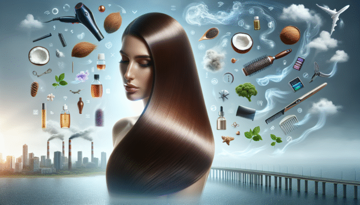 Woman showcasing repaired, glossy hair using coconut and argan oil, resilient against environmental stressors and styling tools.