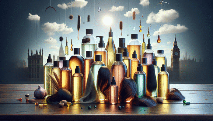 An array of hair oils displayed on a wooden table, labelled with benefits, various hair types, and a backdrop of UK weather.