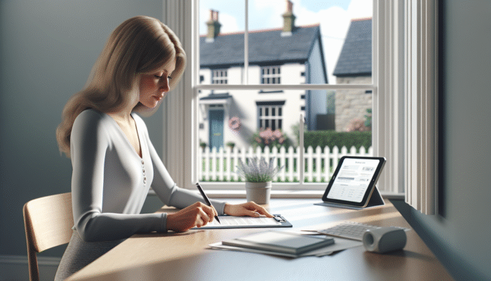 Individual completing Lasting Power of Attorney paperwork at a desk, UK residence visible through window, representing remote property management.