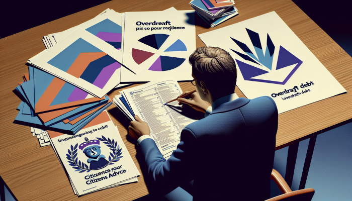 Debt Consolidation Loans for Overdraft Debt: Your UK Solution | DCL Individual analysing financial documents and budgets alongside UK financial advice pamphlets and the Citizens Advice logo.